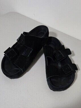 Birkenstock Arizona Black Suede Double Buckle Slide Sandals - Size 39